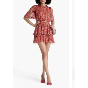 Saloni Ava D Dress Short Sleeve Red Floral Dress Gold Sparkle Ruffle Skirt Sz 0